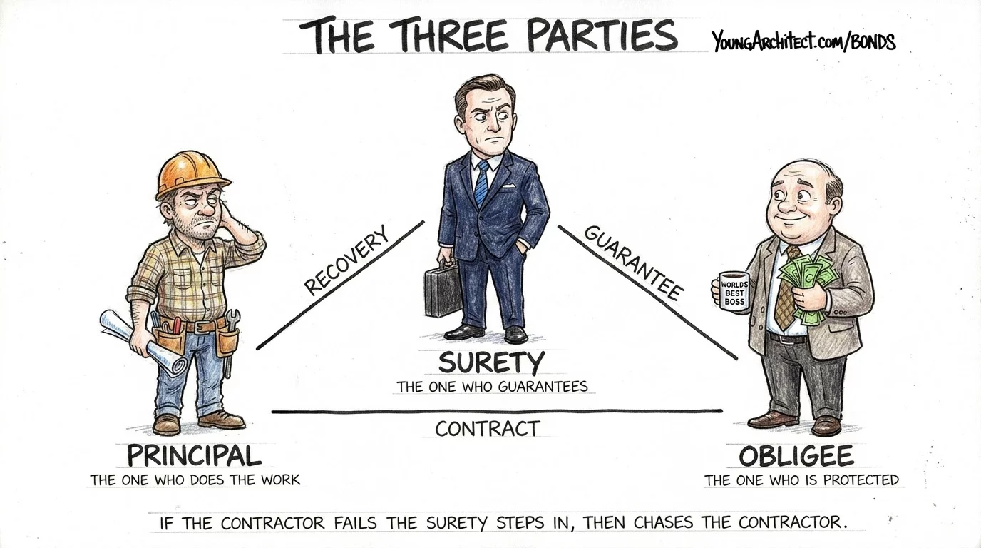 Surety bond triangle showing the principal contractor, surety guarantor, and obligee owner