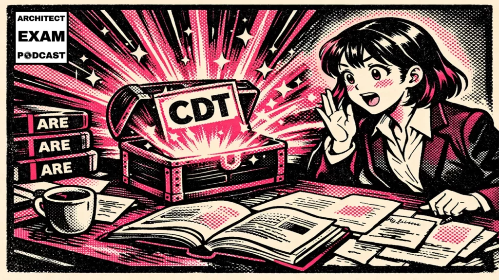 ARE Candidate discovers a glowing treasure chest labeled CDT while studying for ARE, promoting a free webinar on CDT Certification.