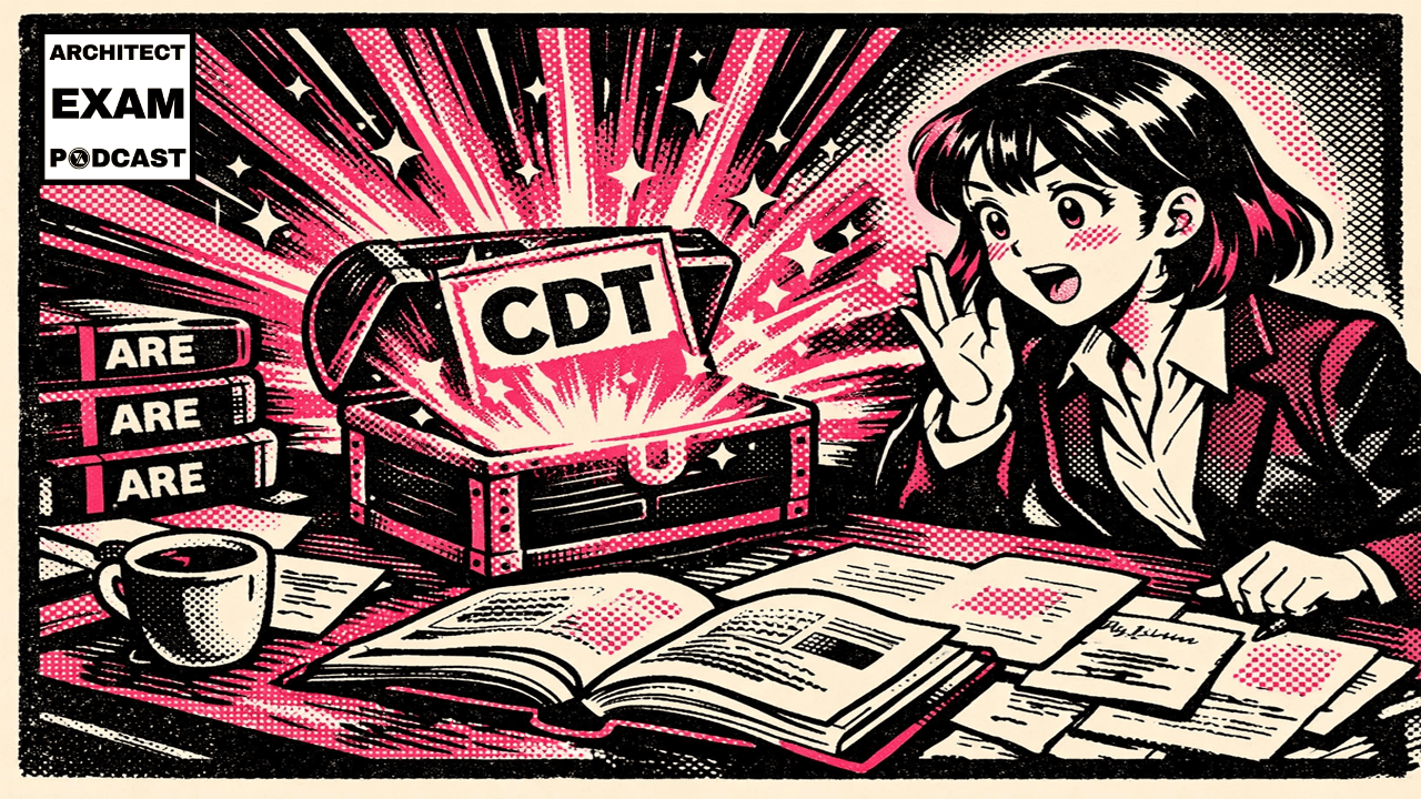 ARE Candidate discovers a glowing treasure chest labeled CDT while studying for ARE, promoting a free webinar on CDT Certification.