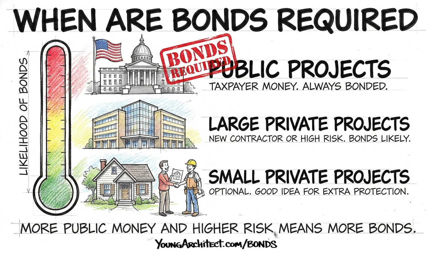 Thermometer showing bonds always required on public projects and optional on small private work