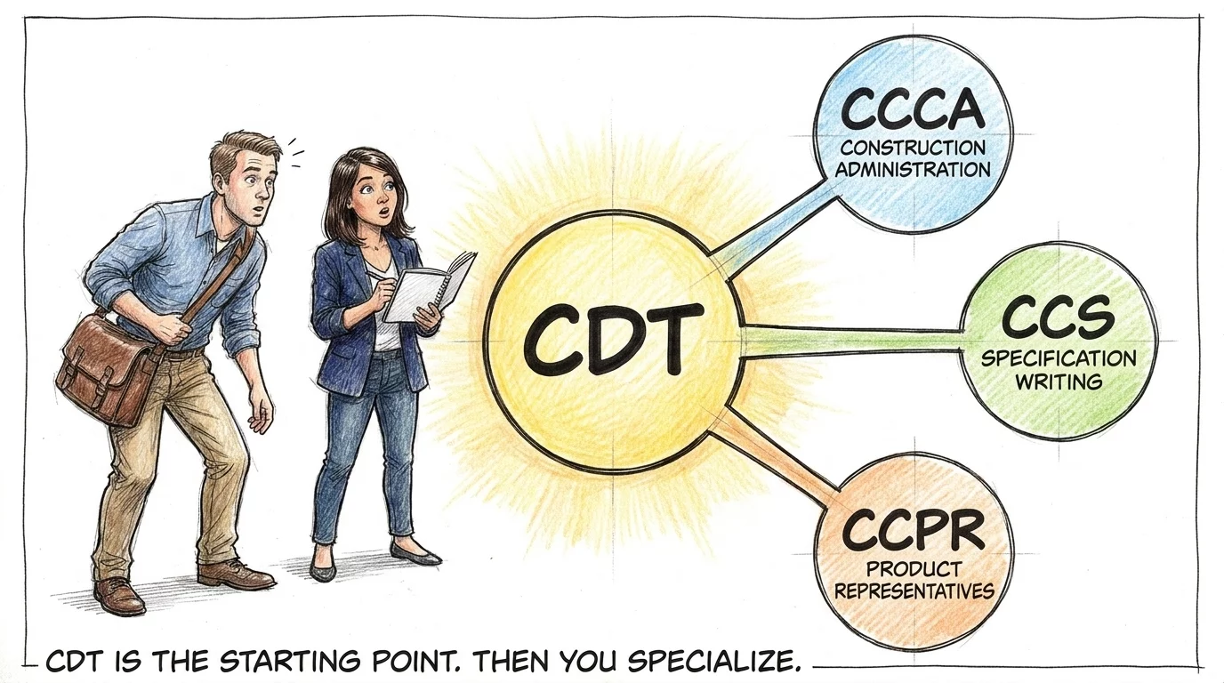 CDT as the hub connecting three CSI certifications CCCA, CCS, and CCPR in a career map diagram
