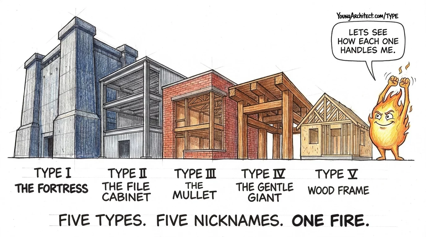 Five construction types lined up with nicknames: fortress, file cabinet, mullet, gentle giant, and wood frame