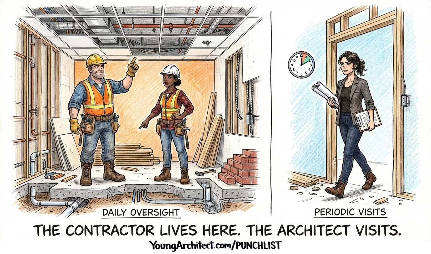 Contractor with daily oversight on site pointing to hidden work while architect arrives for a periodic visit