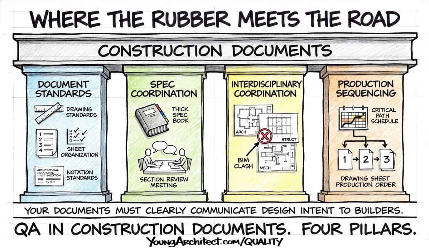 QA in construction documents shown as four pillars of coordination
