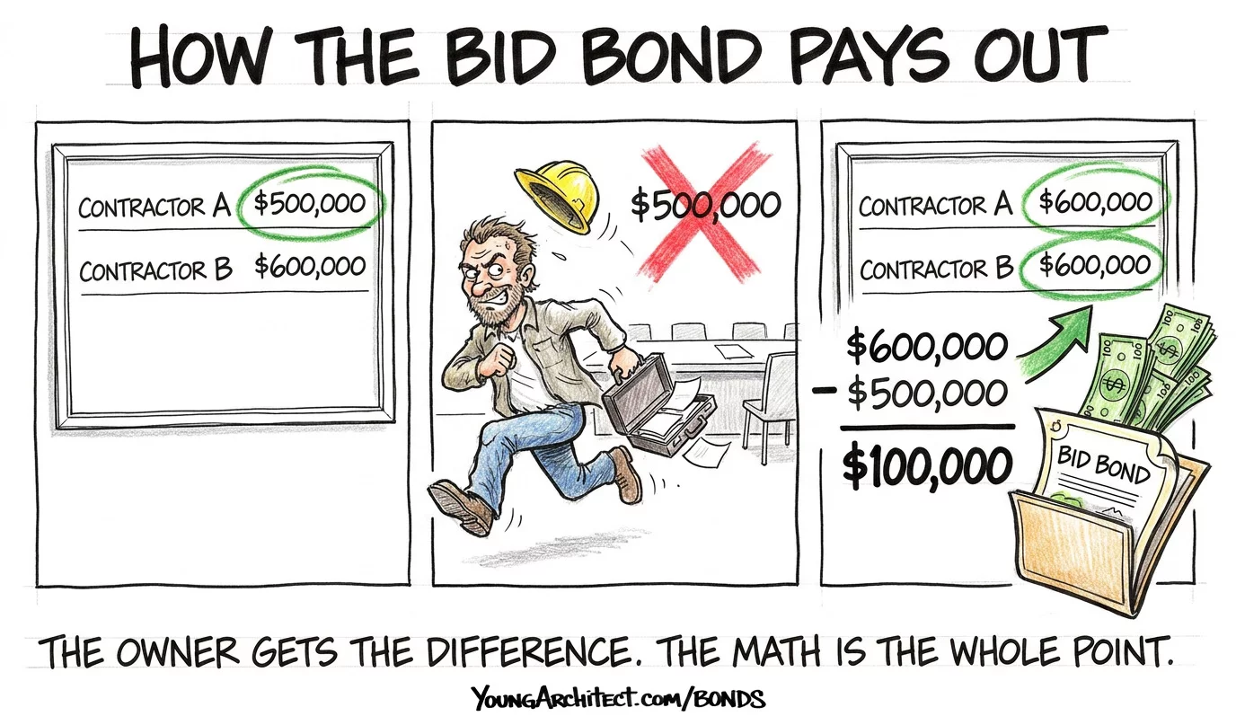 Bid bond pays the owner the difference when the low bidder backs out