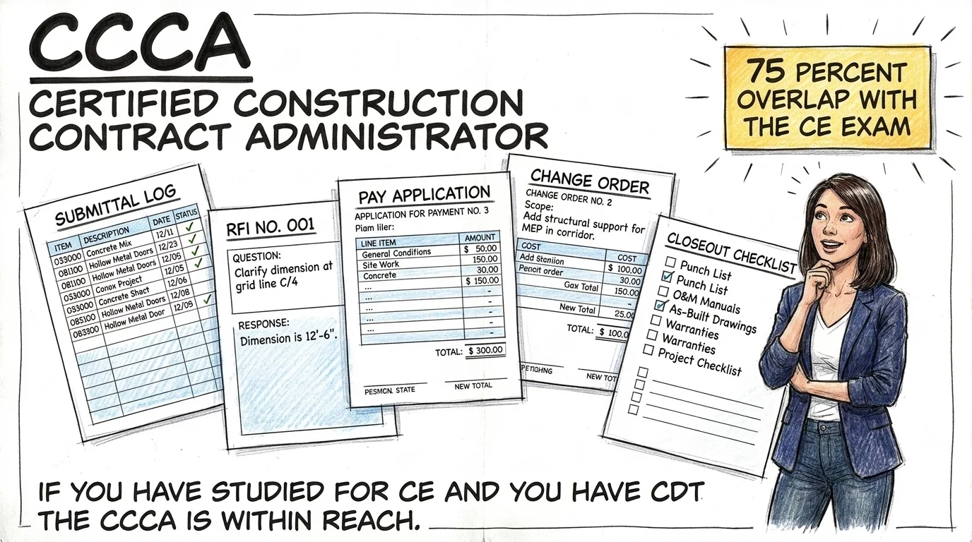 CCCA certification with submittal logs, RFIs, pay applications, and change orders showing 75 percent CE overlap