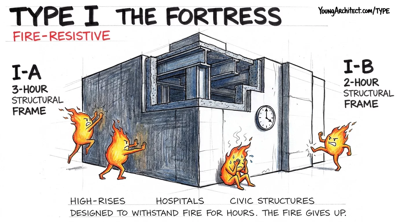 Type I fire-resistive construction shown as a fortress with I-A 3-hour and I-B 2-hour structural frame ratings