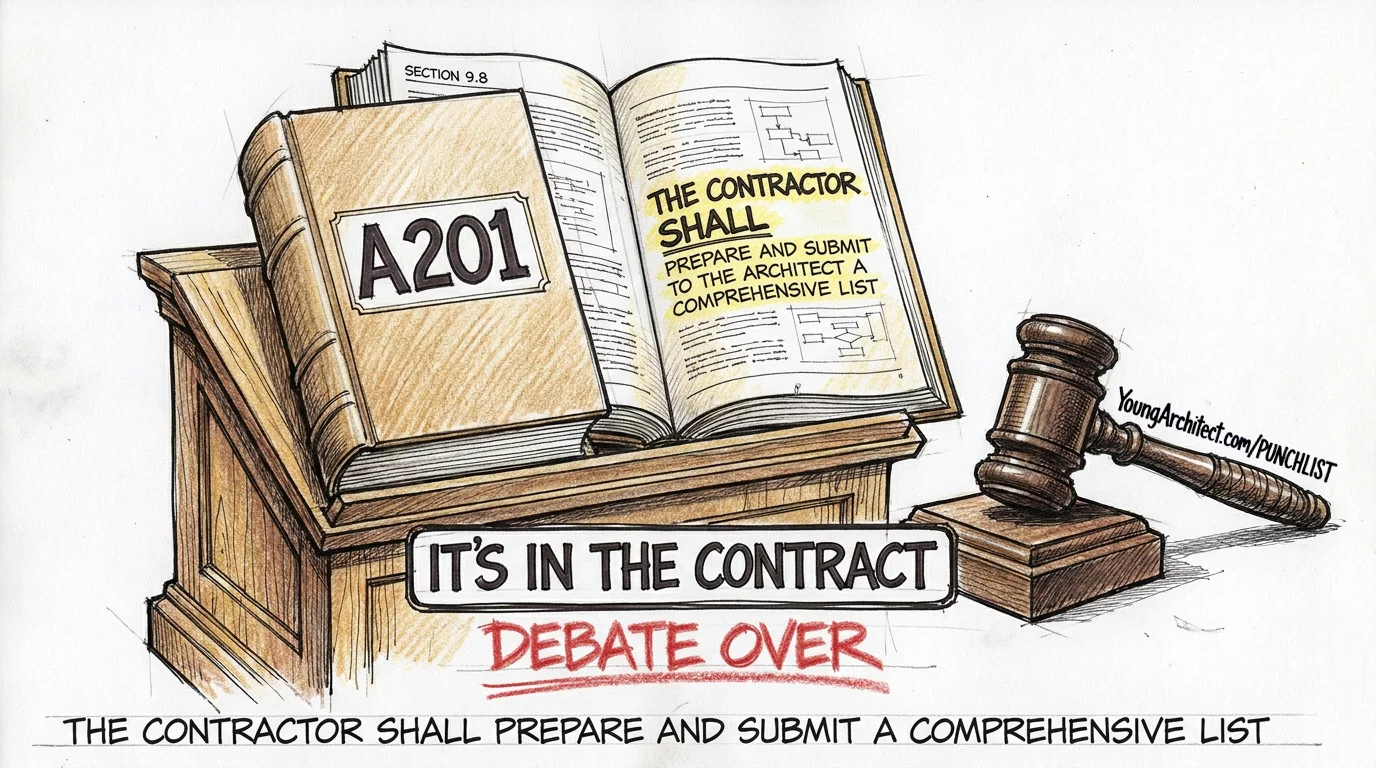 AIA A201 open to Section 9.8 on a podium with a gavel showing the contractor shall prepare the punch list