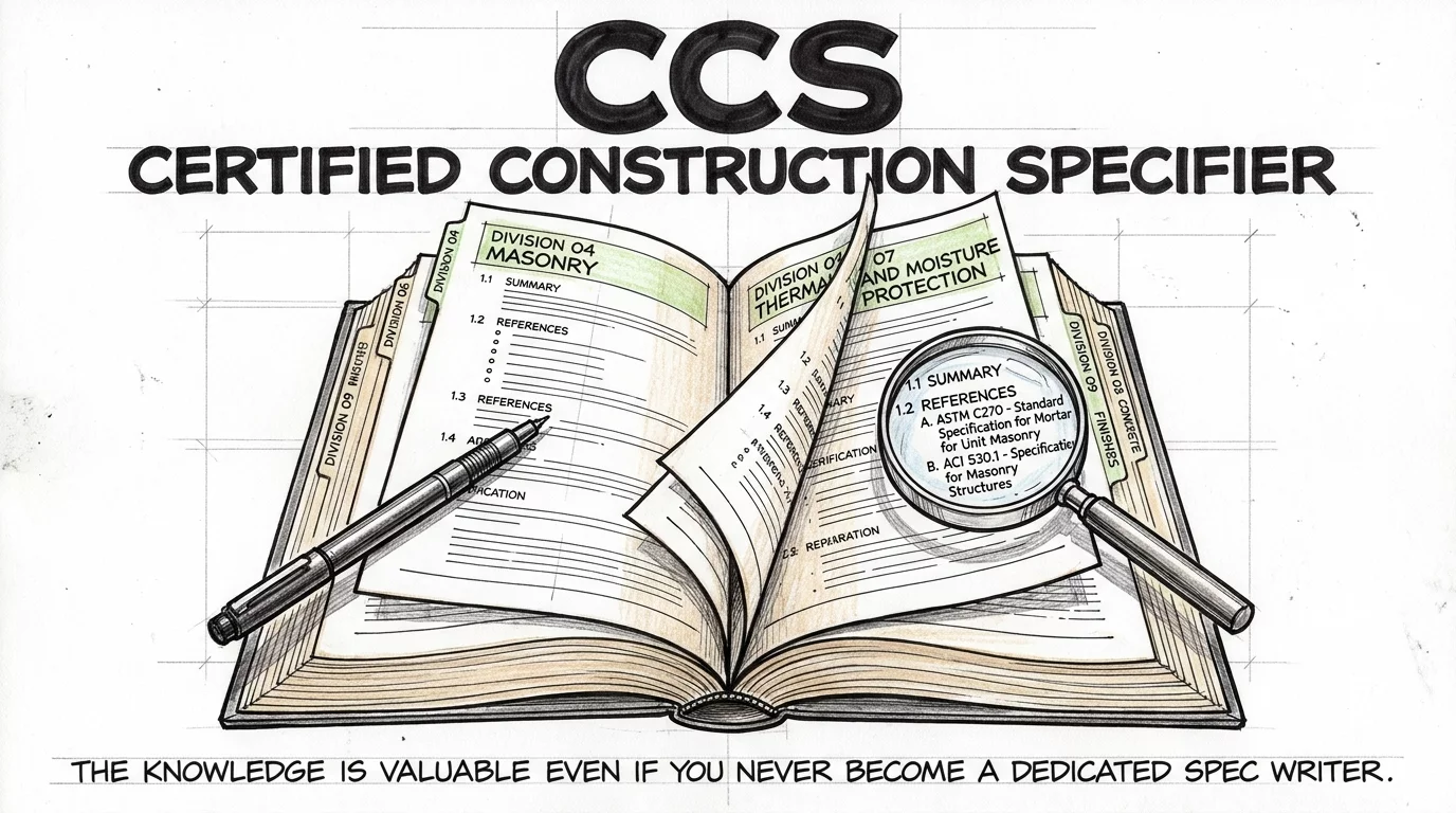 CCS certification featuring an open project manual with specification sections and a magnifying glass