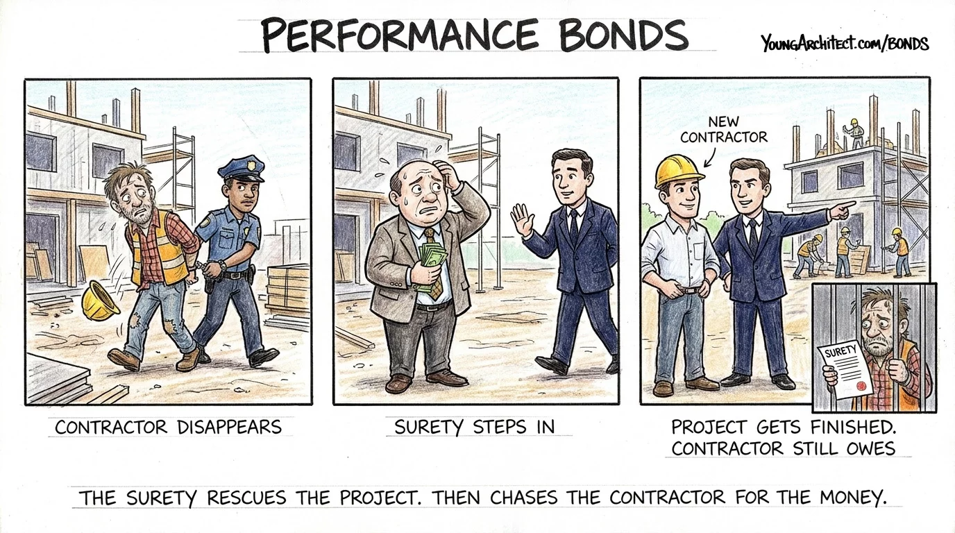Performance bond sequence showing contractor disappearing, surety stepping in, and new contractor finishing