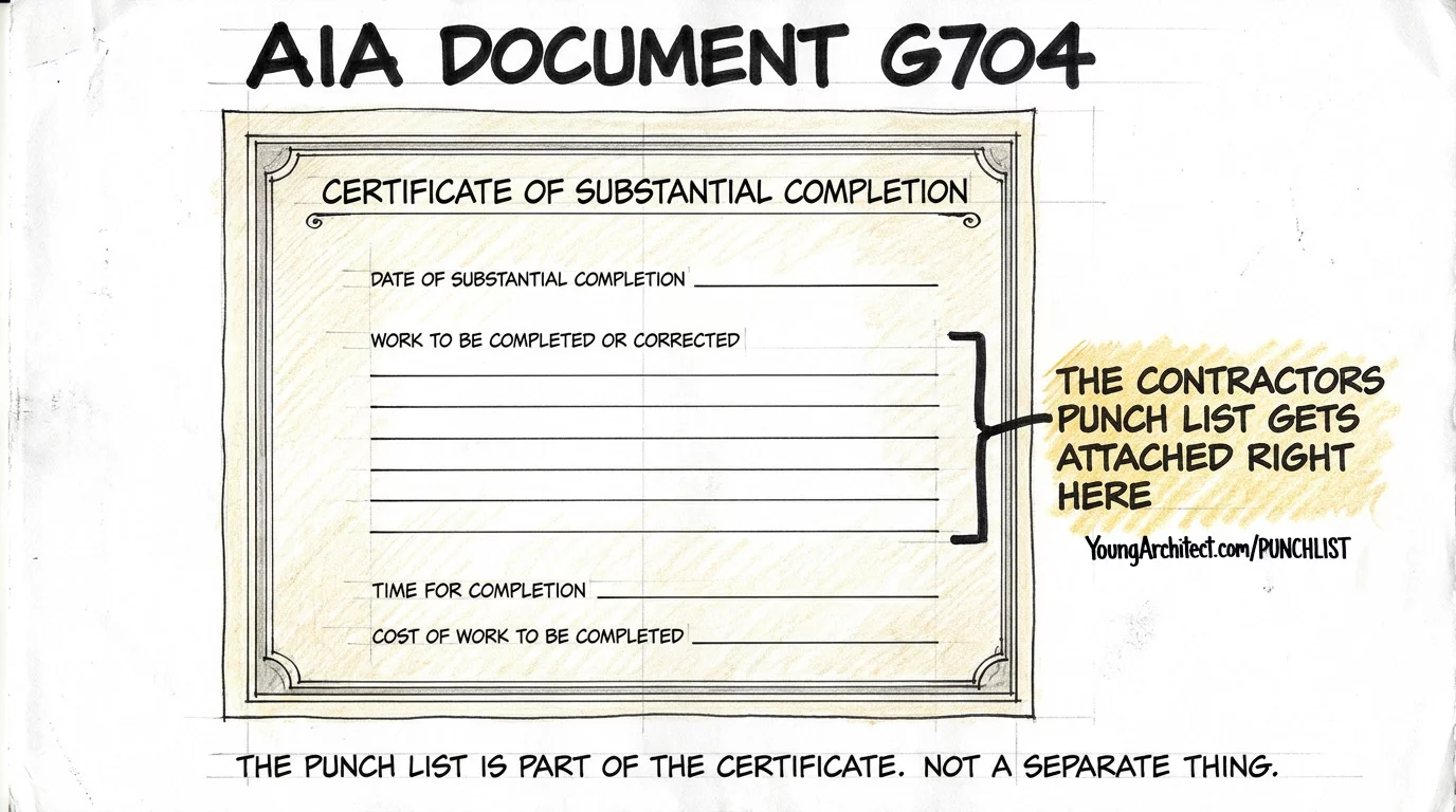 AIA G704 certificate of substantial completion form with a callout showing where the punch list attaches