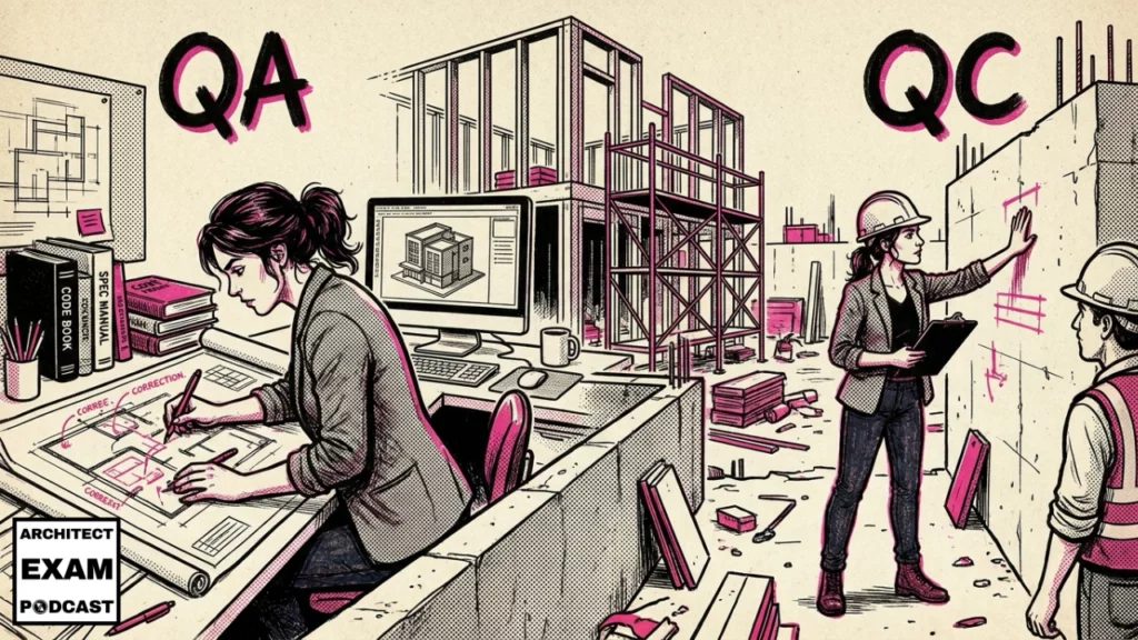 QA vs QC in architecture, an architect doing QA at the desk and QC inspection on site