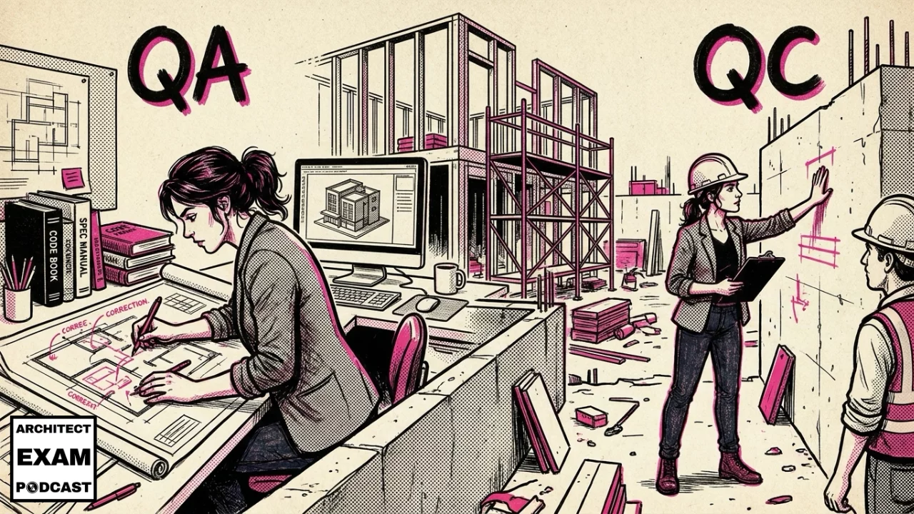 QA vs QC in architecture, an architect doing QA at the desk and QC inspection on site