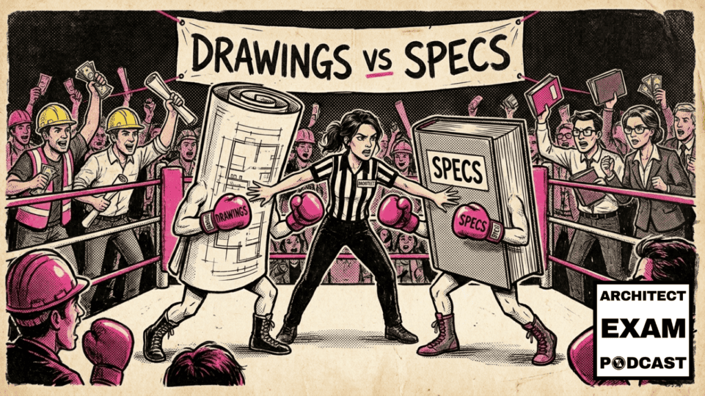 Architect referee separates construction drawings and specifications fighting in a boxing ring while contractors and architects cheer