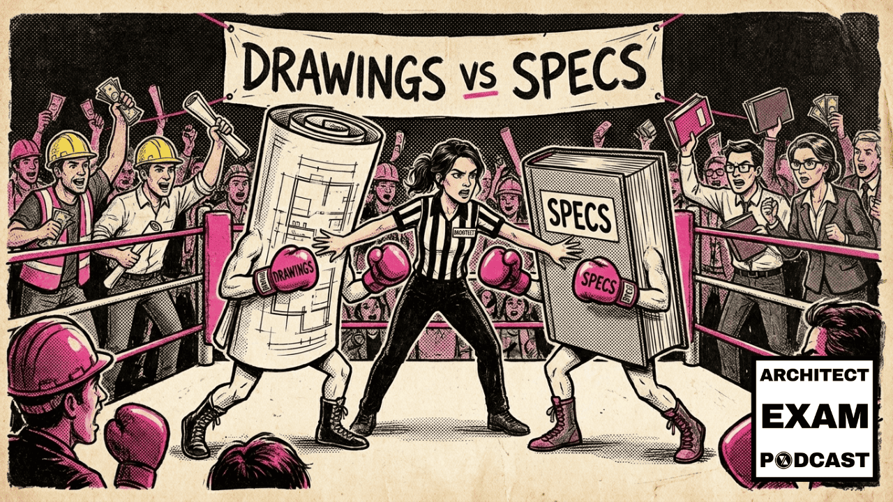 Architect referee separates construction drawings and specifications fighting in a boxing ring while contractors and architects cheer