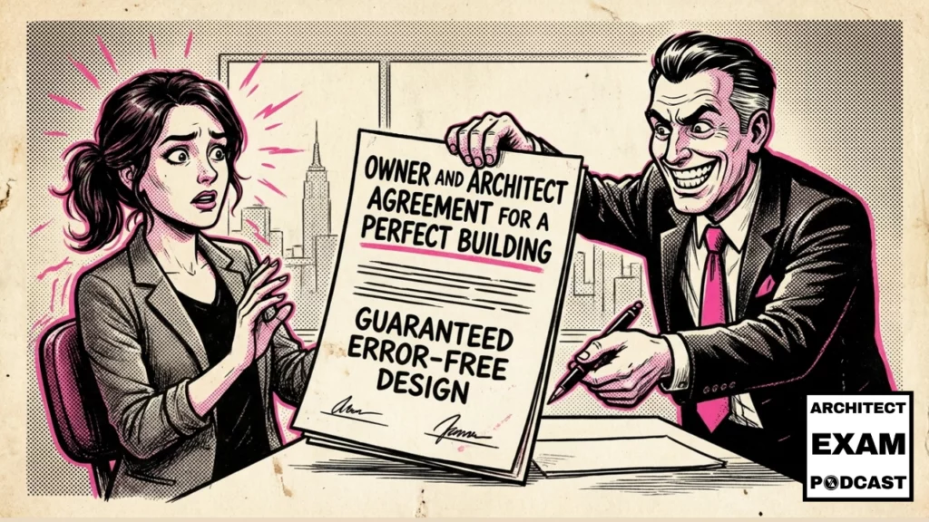 Architect reacts nervously as an owner presents a contract guaranteeing error-free design and a perfect building