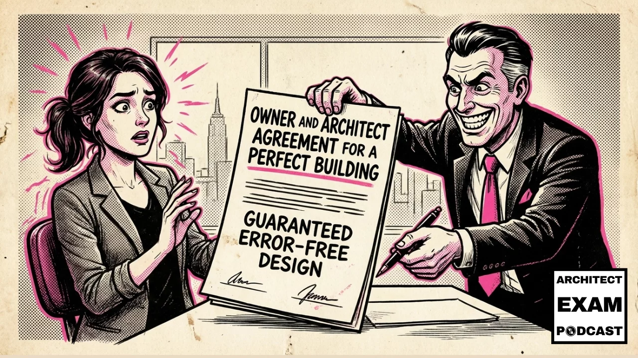 Architect reacts nervously as an owner presents a contract guaranteeing error-free design and a perfect building