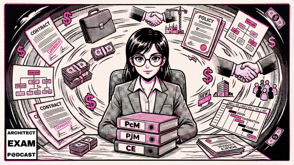 Illustration of an ARE Candidate surrounded by contracts, org charts, and project schedules representing NCARB's PcM PjM and CE pro practice exams ARE exams