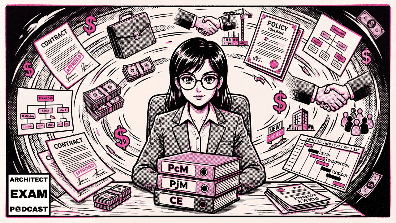 Illustration of an ARE Candidate surrounded by contracts, org charts, and project schedules representing NCARB's PcM PjM and CE pro practice exams ARE exams
