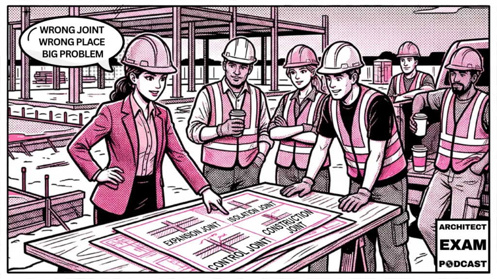 architect explaining the difference between control joint vs expansion joint to construction workers