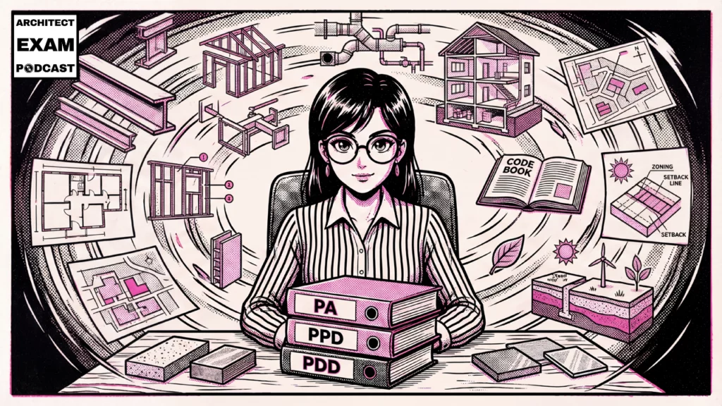 ARE Candidate studies books labeled PA, PPD, and PDD, surrounded by structural, code, zoning, and building system diagrams.