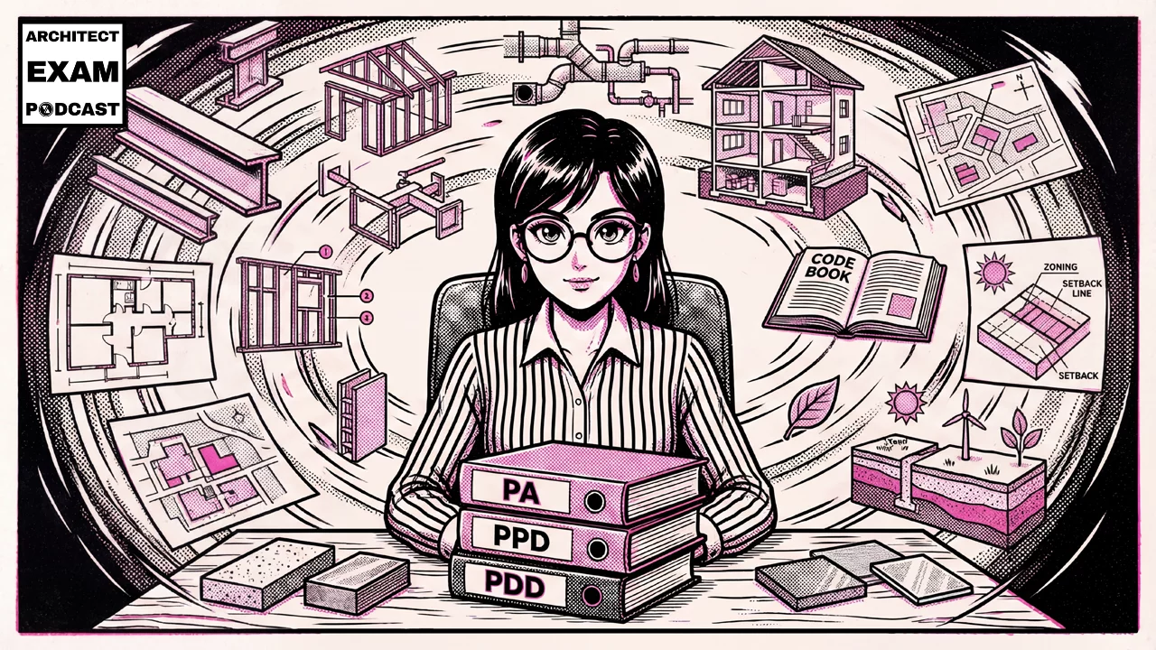 ARE Candidate studies books labeled PA, PPD, and PDD, surrounded by structural, code, zoning, and building system diagrams.