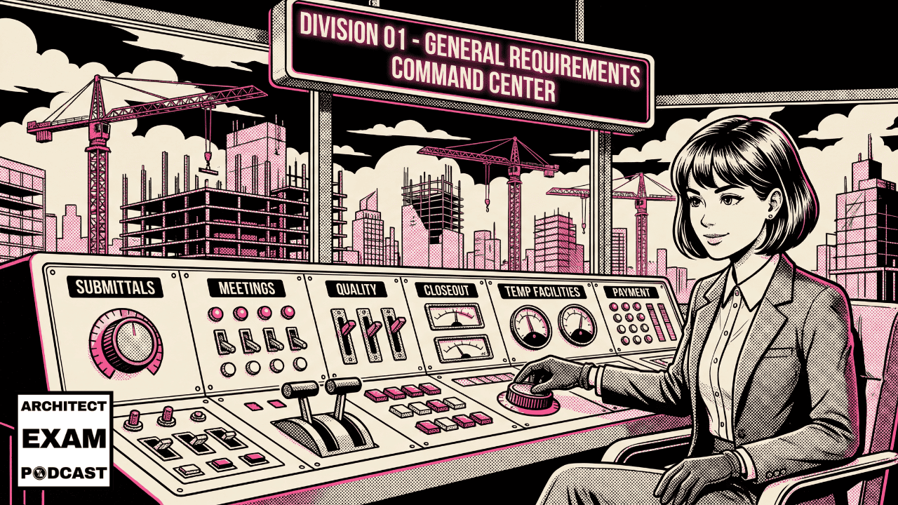 Architect operates a control panel labeled Division 01 general requirements, managing submittals, meetings, quality, closeout, and payment.