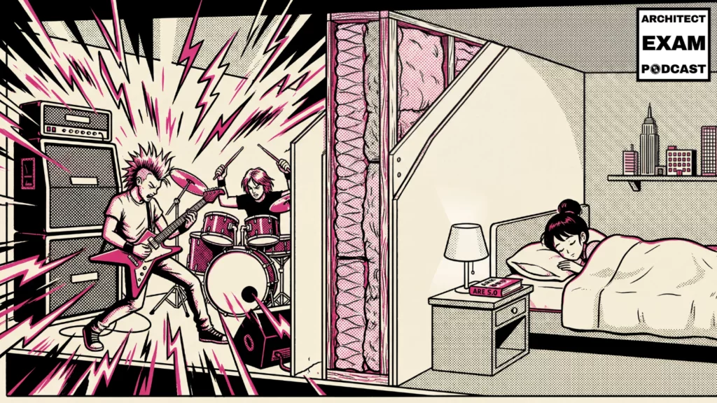 Building acoustics soundproofing wall with insulation blocks a loud rock band while a person sleeps peacefully next to an Architect Exam study book