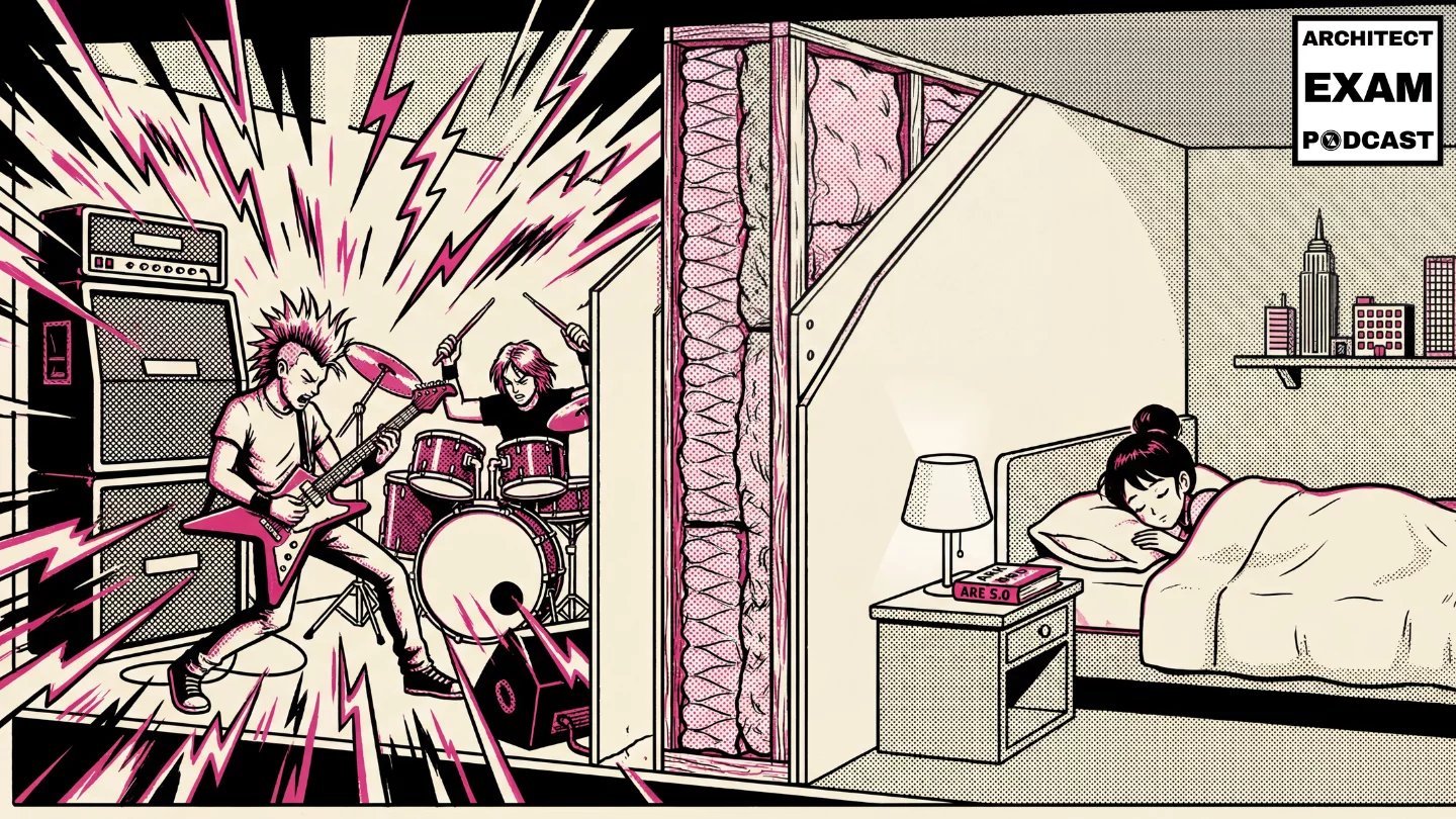 Building acoustics soundproofing wall with insulation blocks a loud rock band while a person sleeps peacefully next to an Architect Exam study book