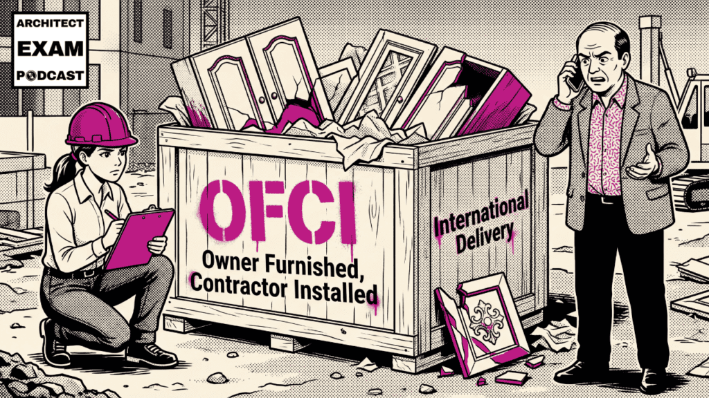 Crate labeled OFCI Owner Furnished, Contractor Installed sits on a job site as damaged cabinets spill out and the owner looks concerned.