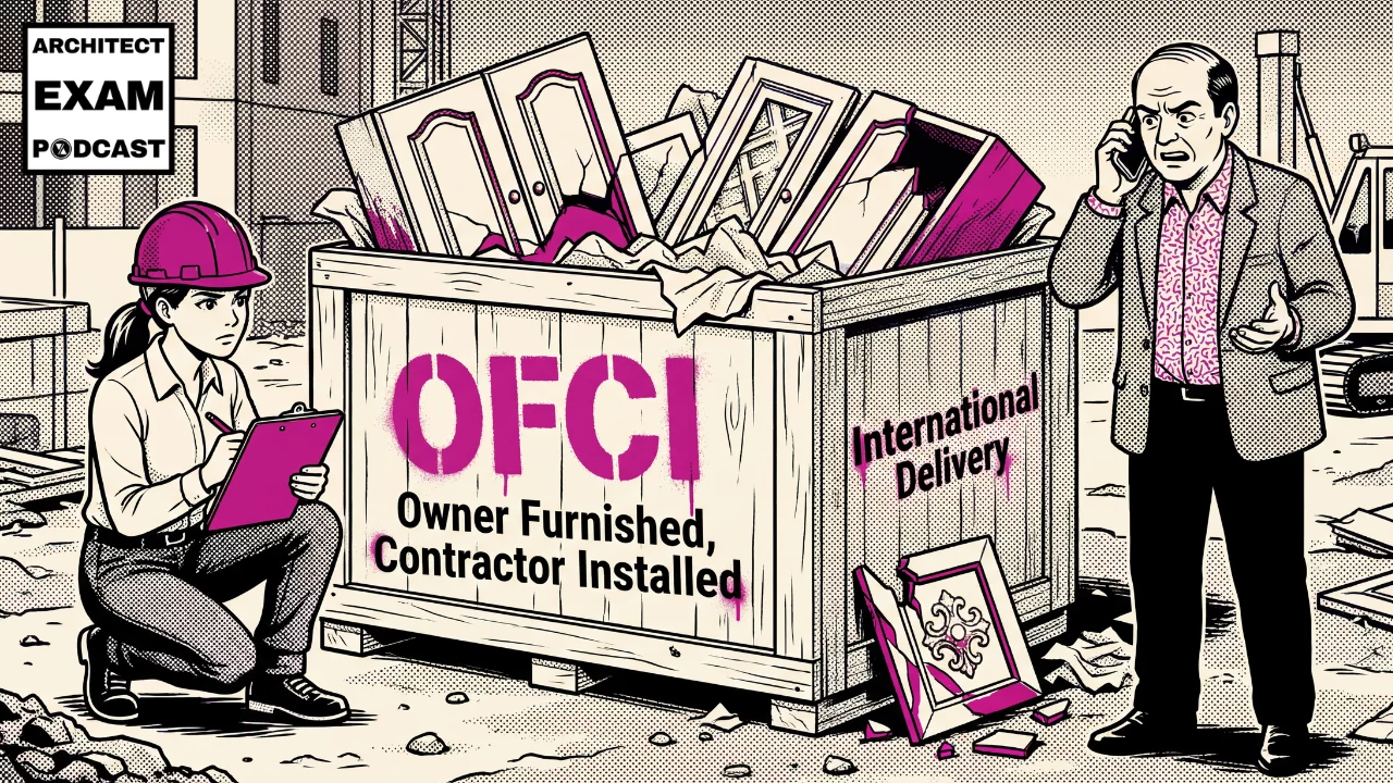 Crate labeled OFCI Owner Furnished, Contractor Installed sits on a job site as damaged cabinets spill out and the owner looks concerned.