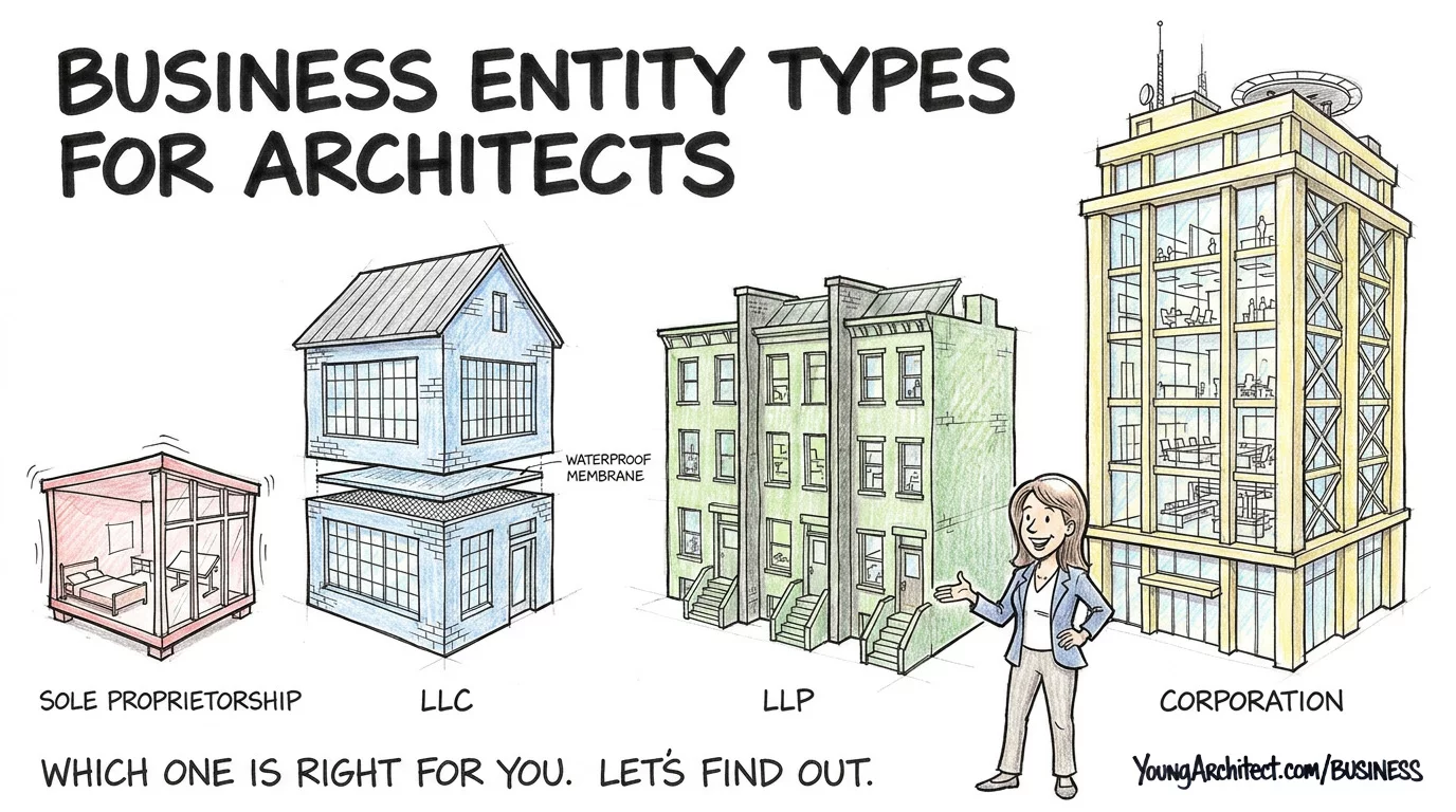 Business entity types for architects shown as four buildings from sole proprietorship to corporation, increasing in size and protection