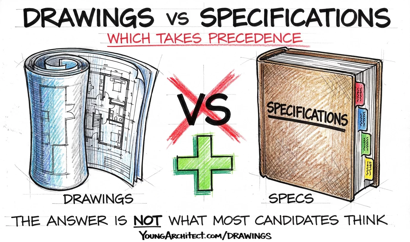 Construction drawings roll and specifications book face off with VS crossed out and replaced by a plus sign