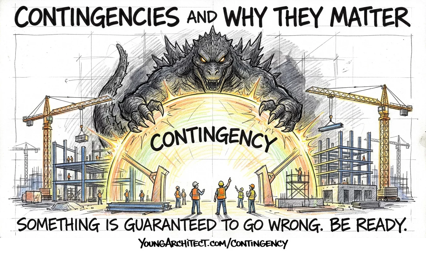 Construction contingency monster looming over a building site while workers point at a glowing contingency shield