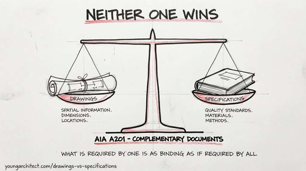 Hand-drawn balance scale showing construction specifications and drawings as complementary documents with equal weight under AIA A201, with neither document taking precedence over the other.