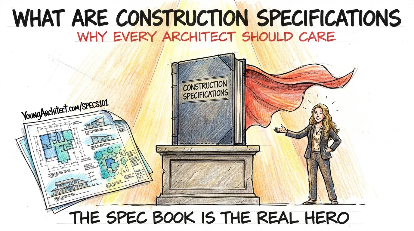 Construction specifications book with a cape on a pedestal next to architectural drawings