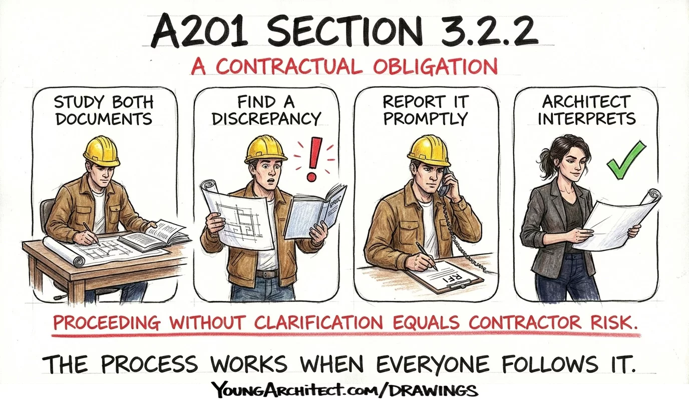 AIA A201 Section 3.2.2 four-step process from contractor studying documents to finding a discrepancy to architect interpreting