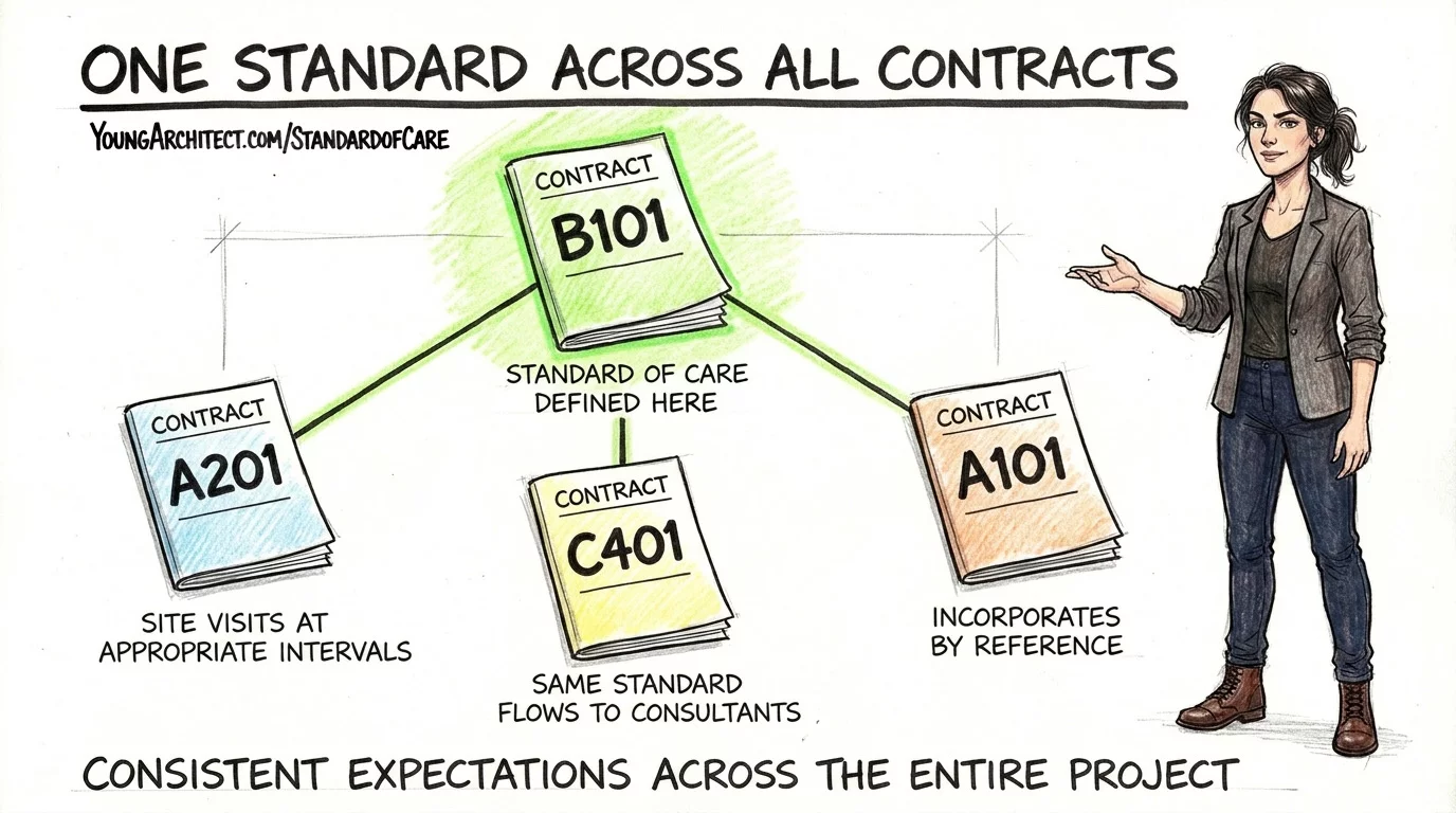 AIA contract family showing B101 flowing standard of care to A201 general conditions, C401 consultant, and A101 owner