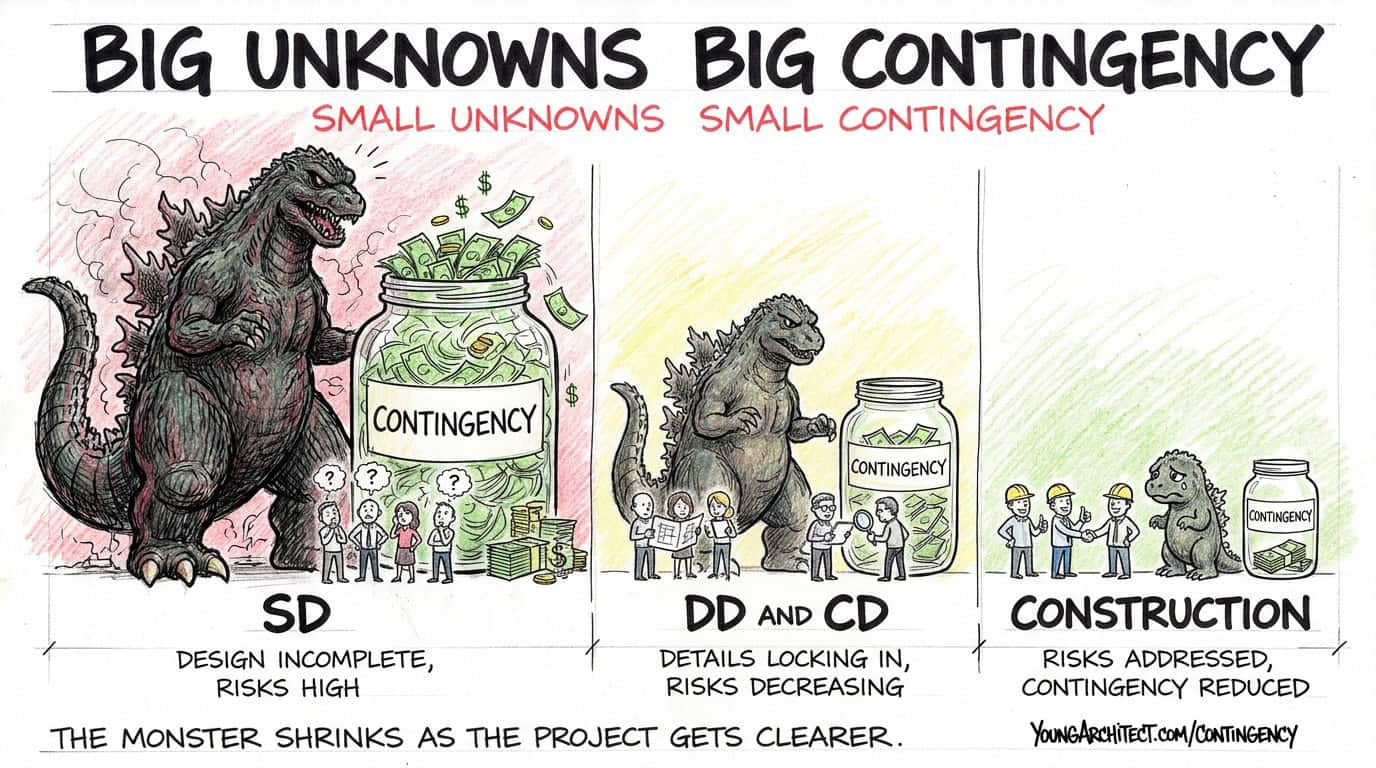 Contingency monster shrinking from schematic design through construction as project risks decrease and details lock in