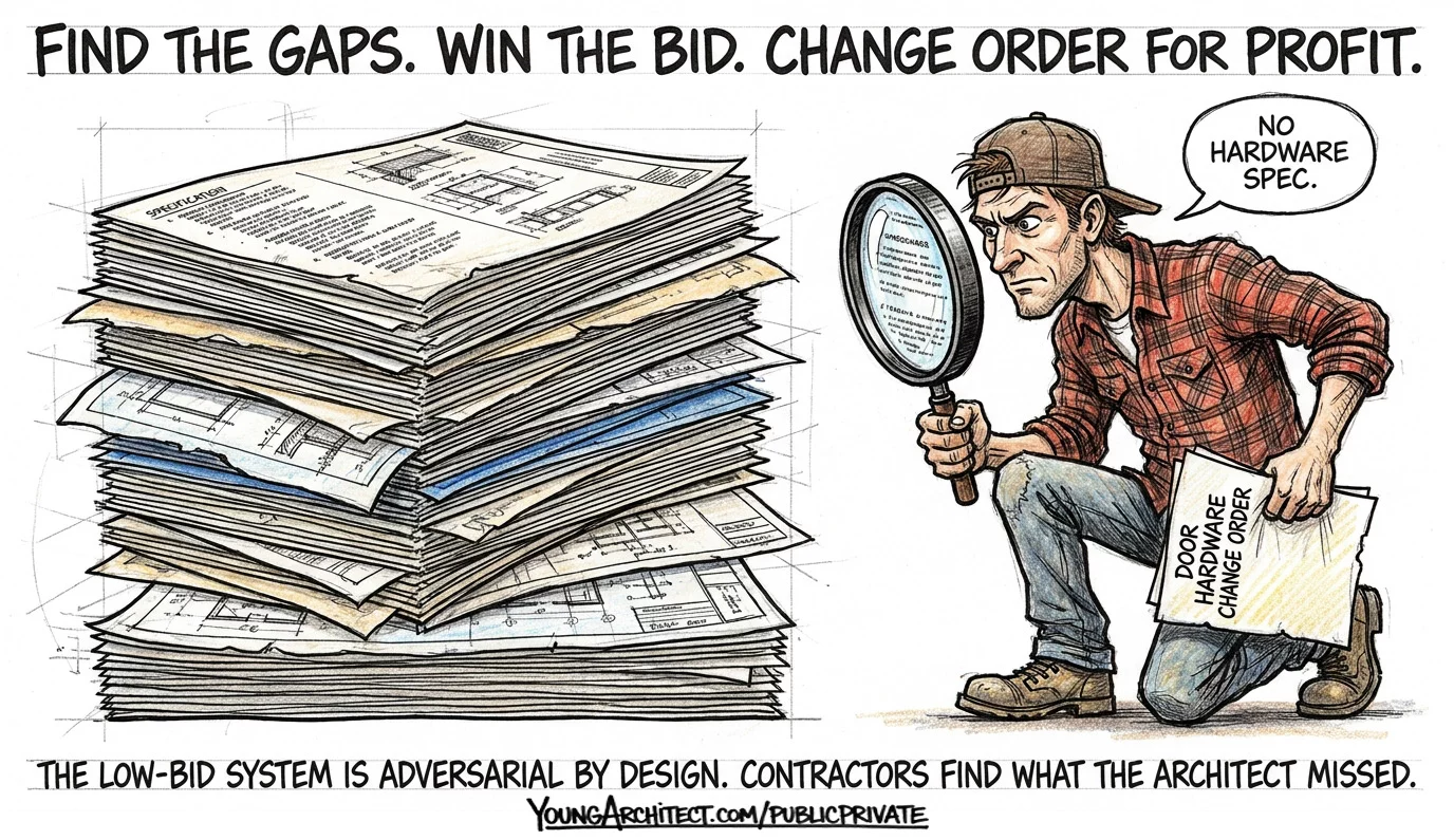 Contractor hunts through construction documents with a magnifying glass to find gaps for a change order