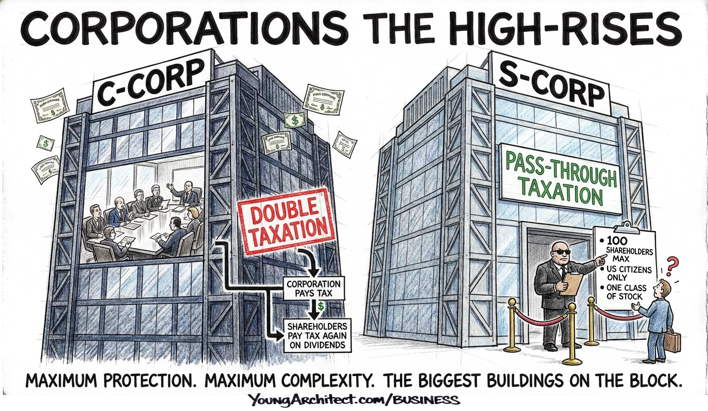 S-Corp vs C-Corp as two high-rises with C-Corp showing double taxation and S-Corp with a bouncer enforcing restrictions