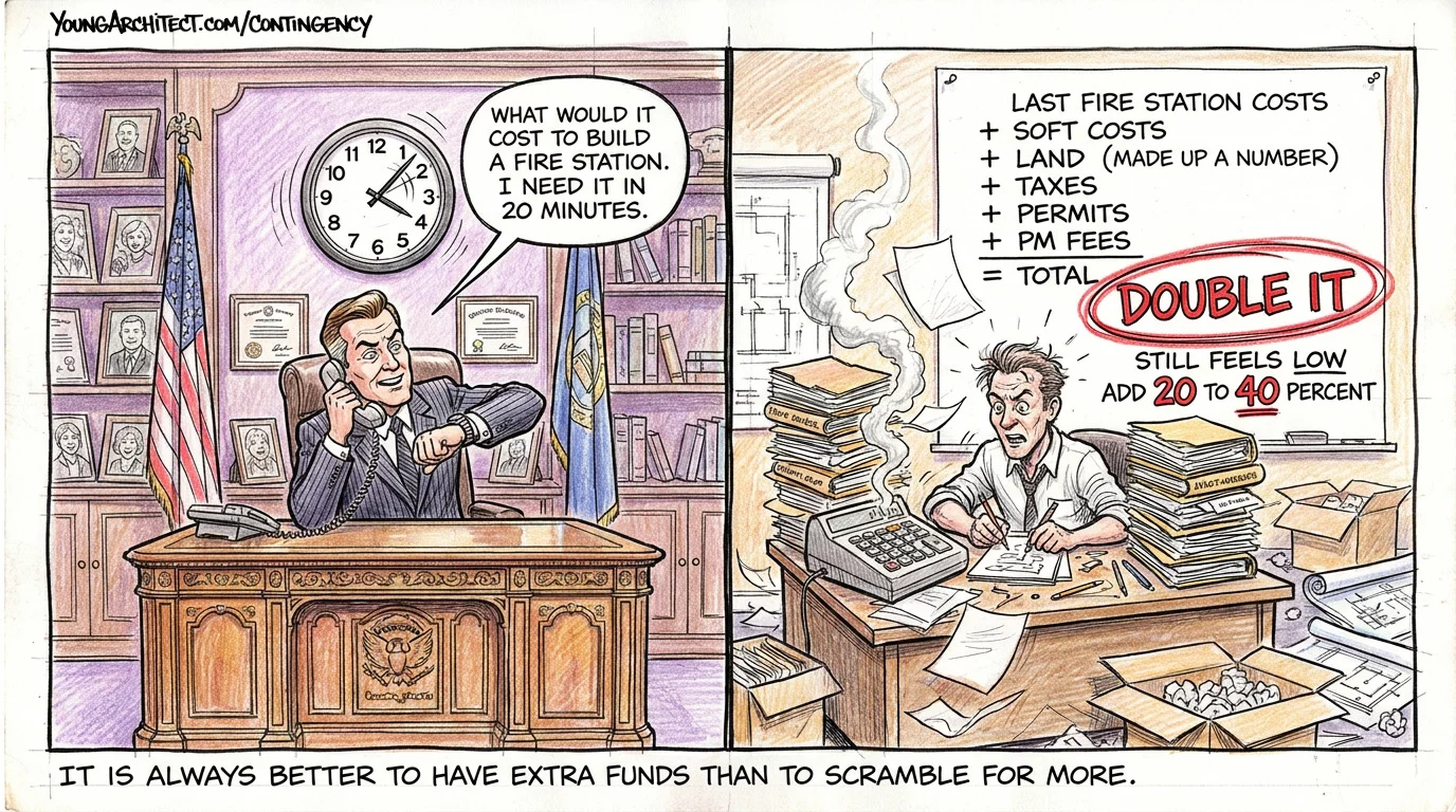 Politician on the phone demanding a fire station cost estimate in 20 minutes while project manager calculates and doubles it