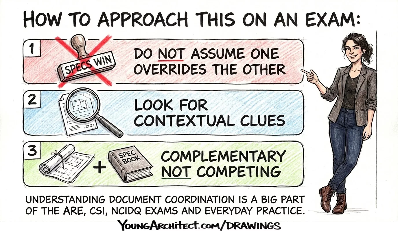 Three tips for the architect exam: never assume specs override drawings, look for clues, and remember they're complementary