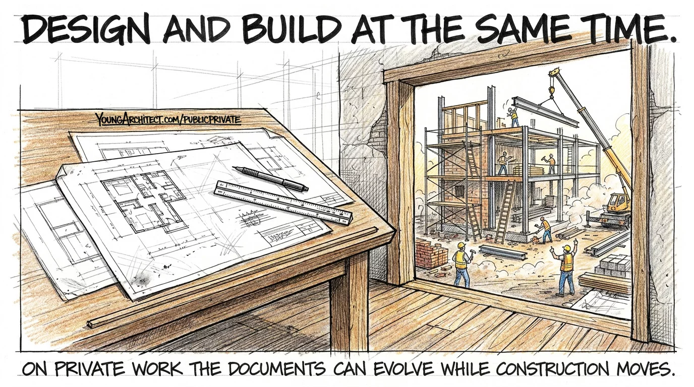 Architect drawings on a drafting table beside active construction showing design and build at the same time