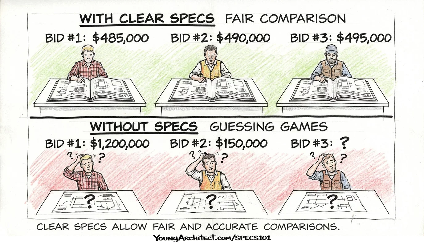 Contractors submit similar bids with clear specs versus wildly different bids without specifications