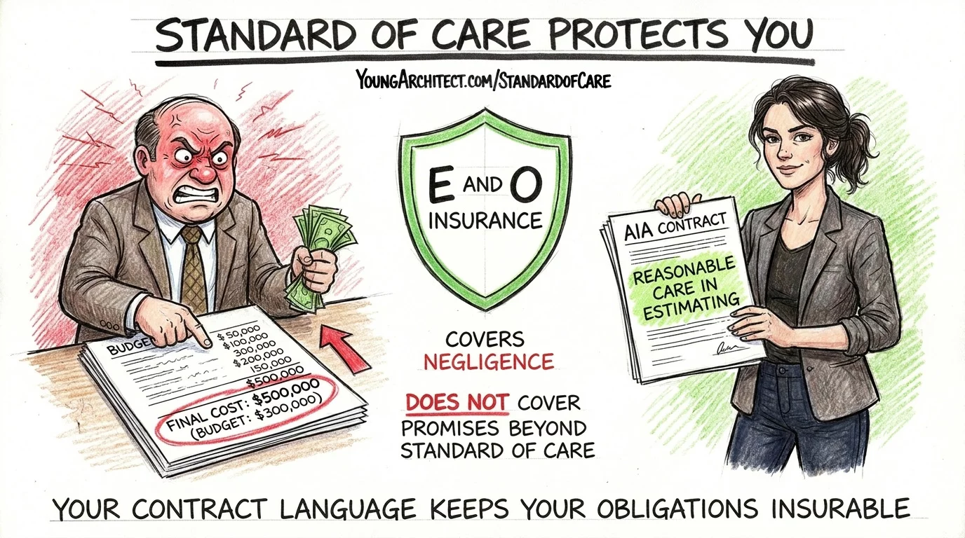 Angry owner points at cost overruns while architect holds AIA contract with E&O insurance shield covering negligence only