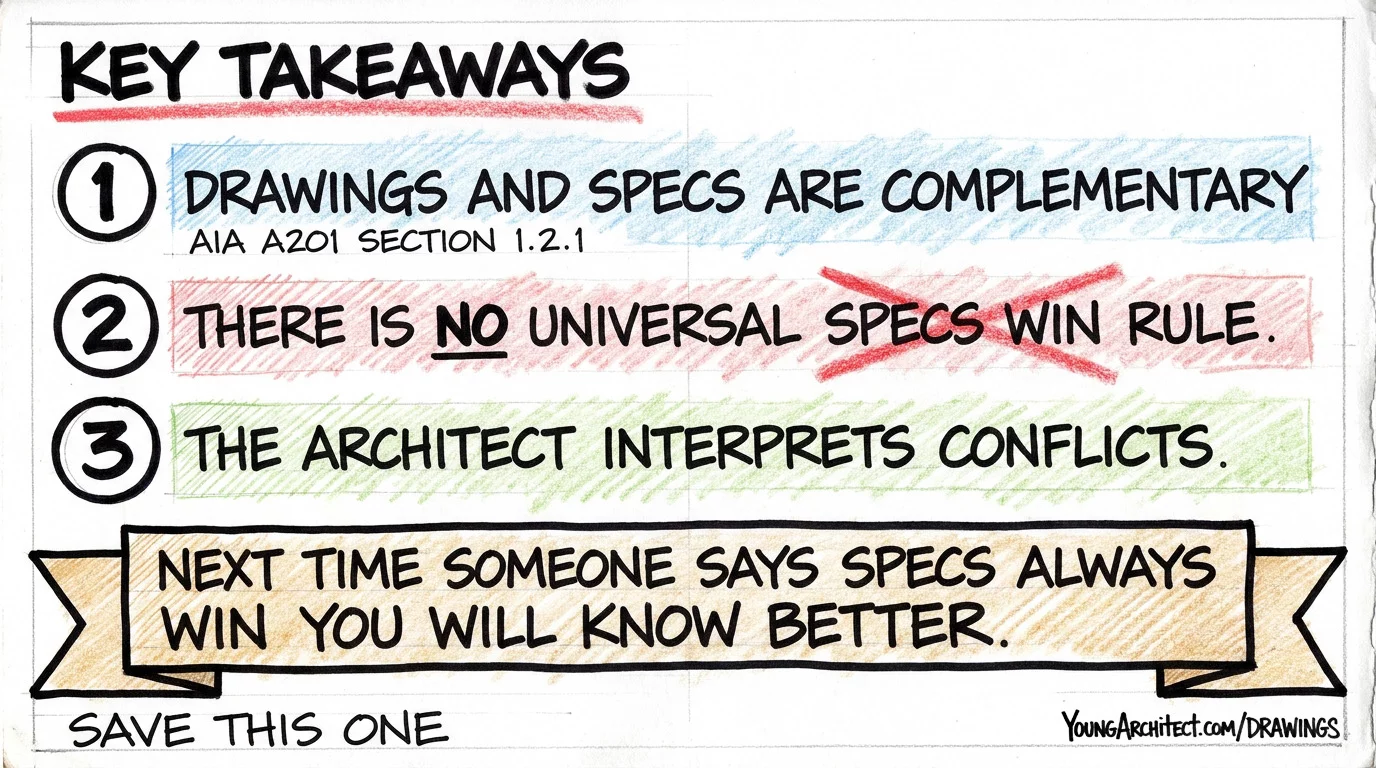 Key takeaways card showing drawings and specs are complementary per AIA A201 with no universal specs win rule