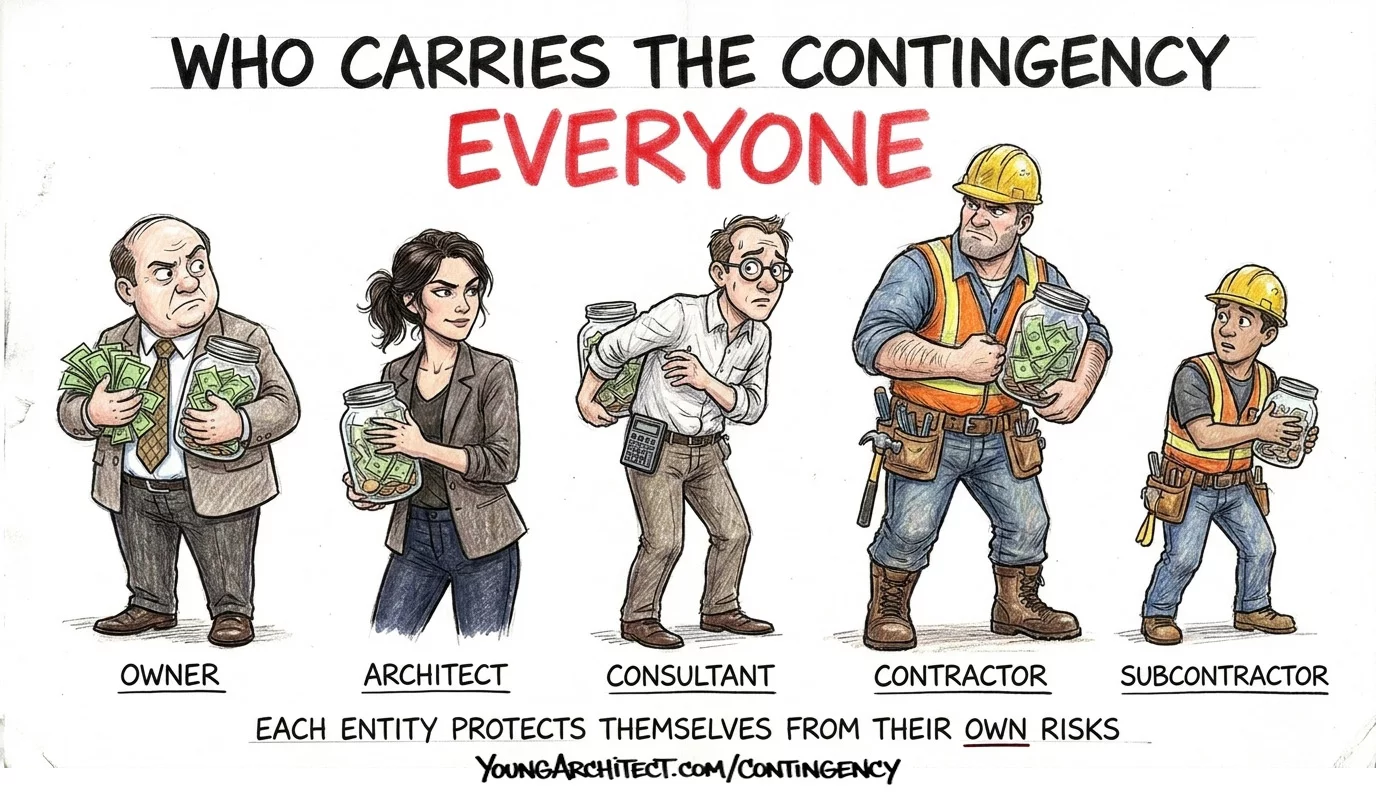 Five project team members holding contingency jars including owner architect consultant contractor and subcontractor