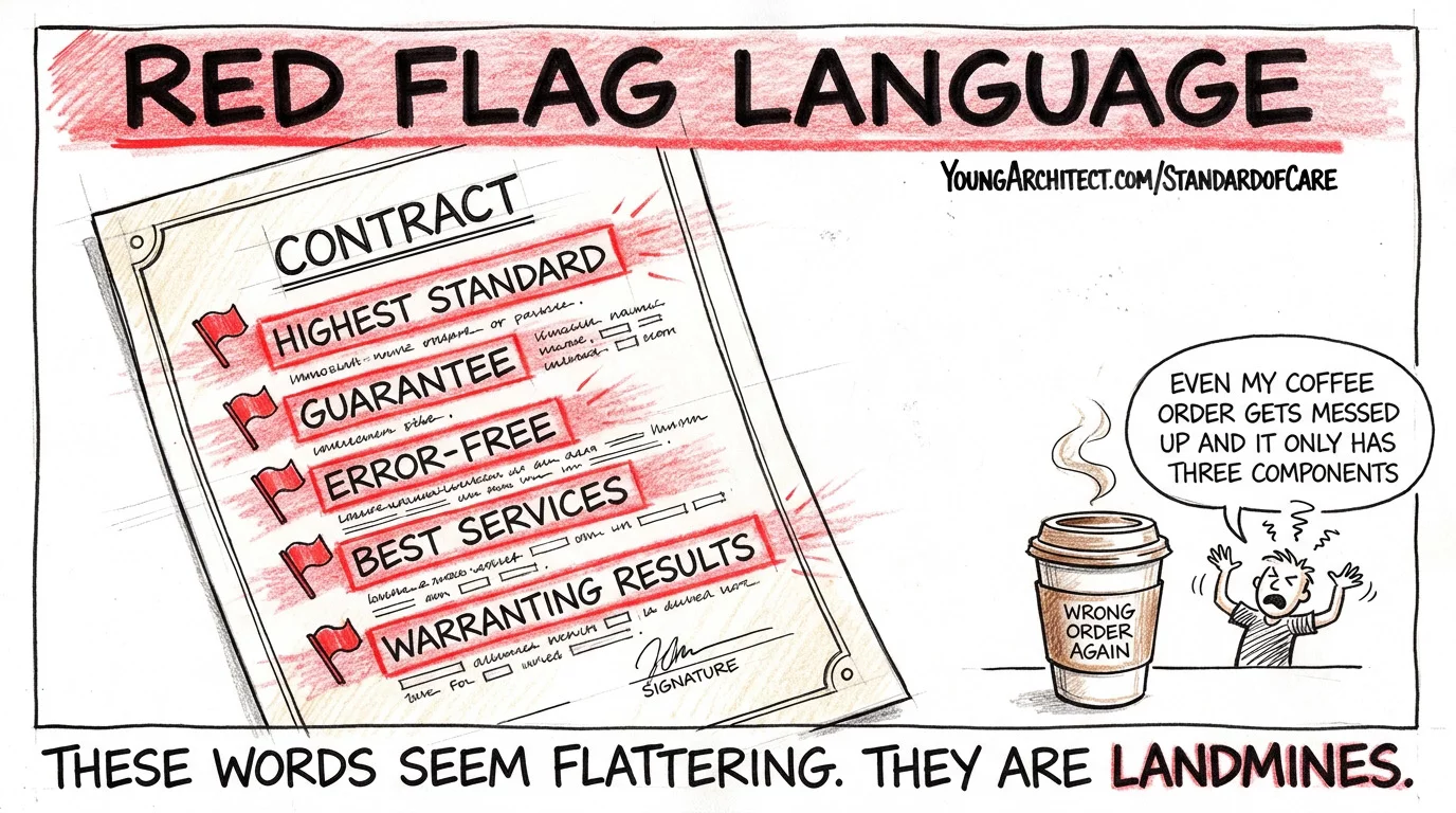 Contract with red flags on dangerous phrases like guarantee, error-free, and highest standard that elevate standard of care