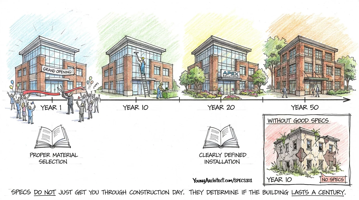 Building timeline from year 1 to 50 stays strong with good specs while a building without specs crumbles